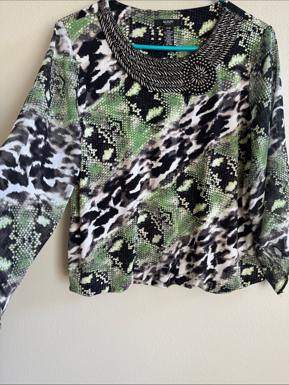 Alfani Green Black White Snake-Print Beaded Neck Top